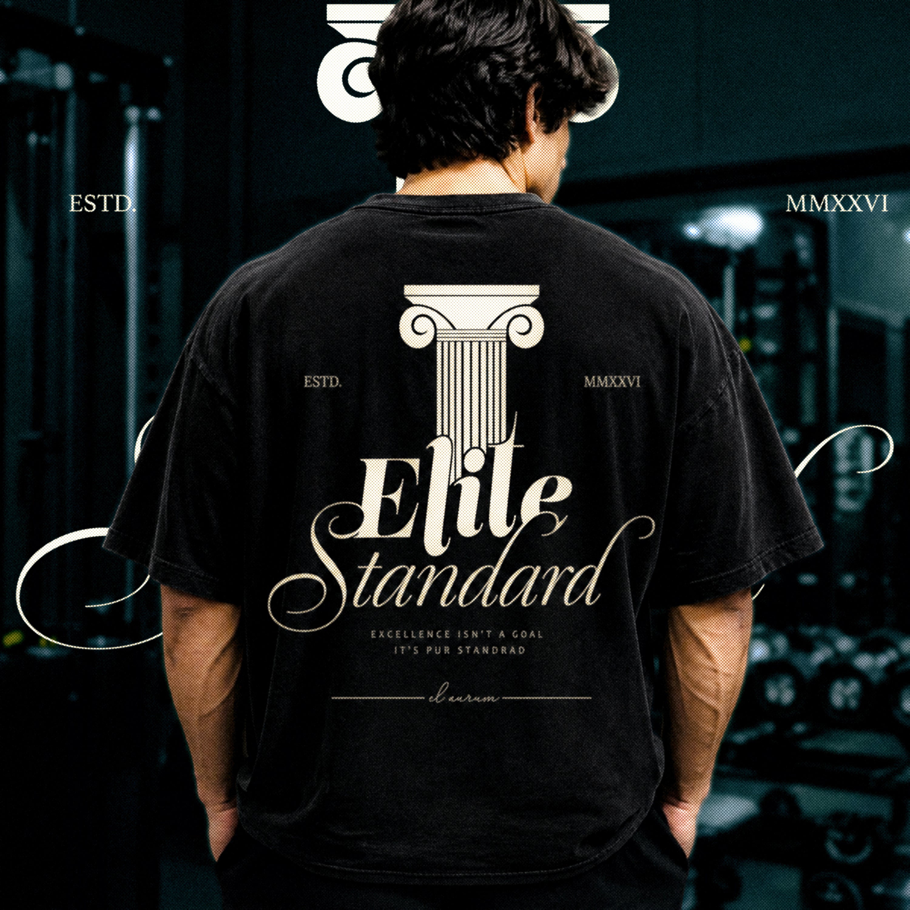 EL AURUM Essential Black Oversized Terry Tee — front view, drop-shoulder silhouette