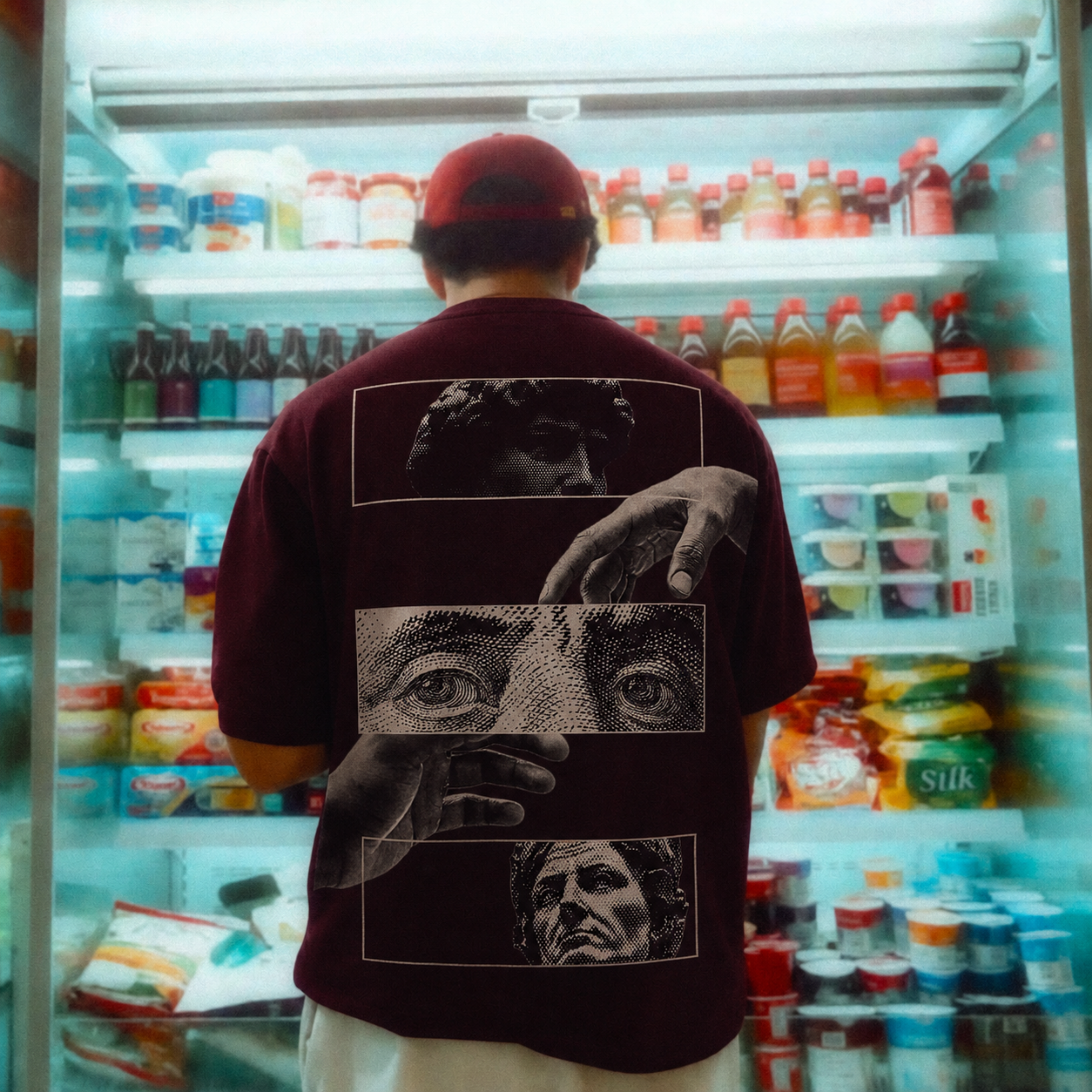 EL AURUM Bordeaux Oversized Terry Tee in Maroon — front view