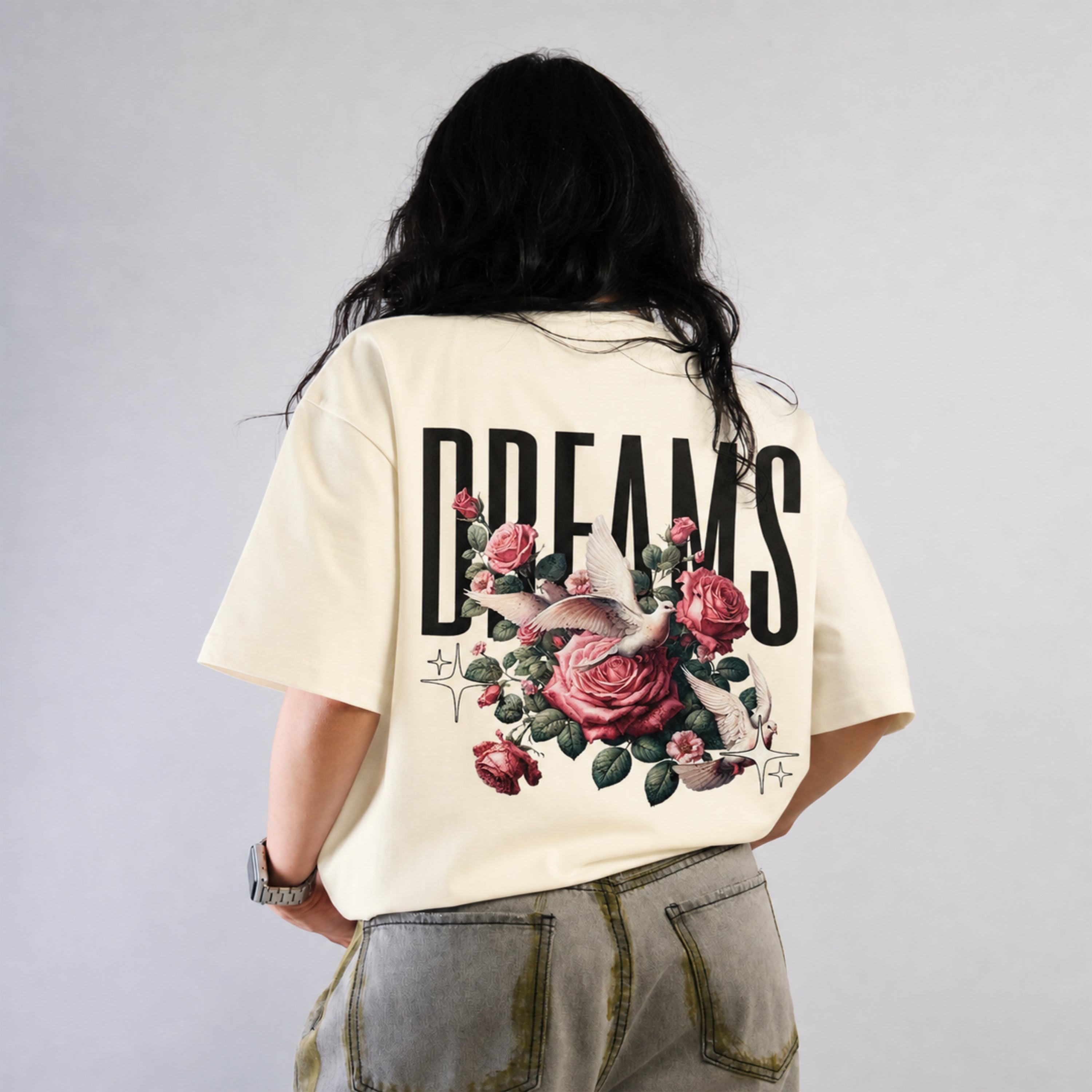 EL AURUM Ivory Oversized Terry Tee in Off White — front view